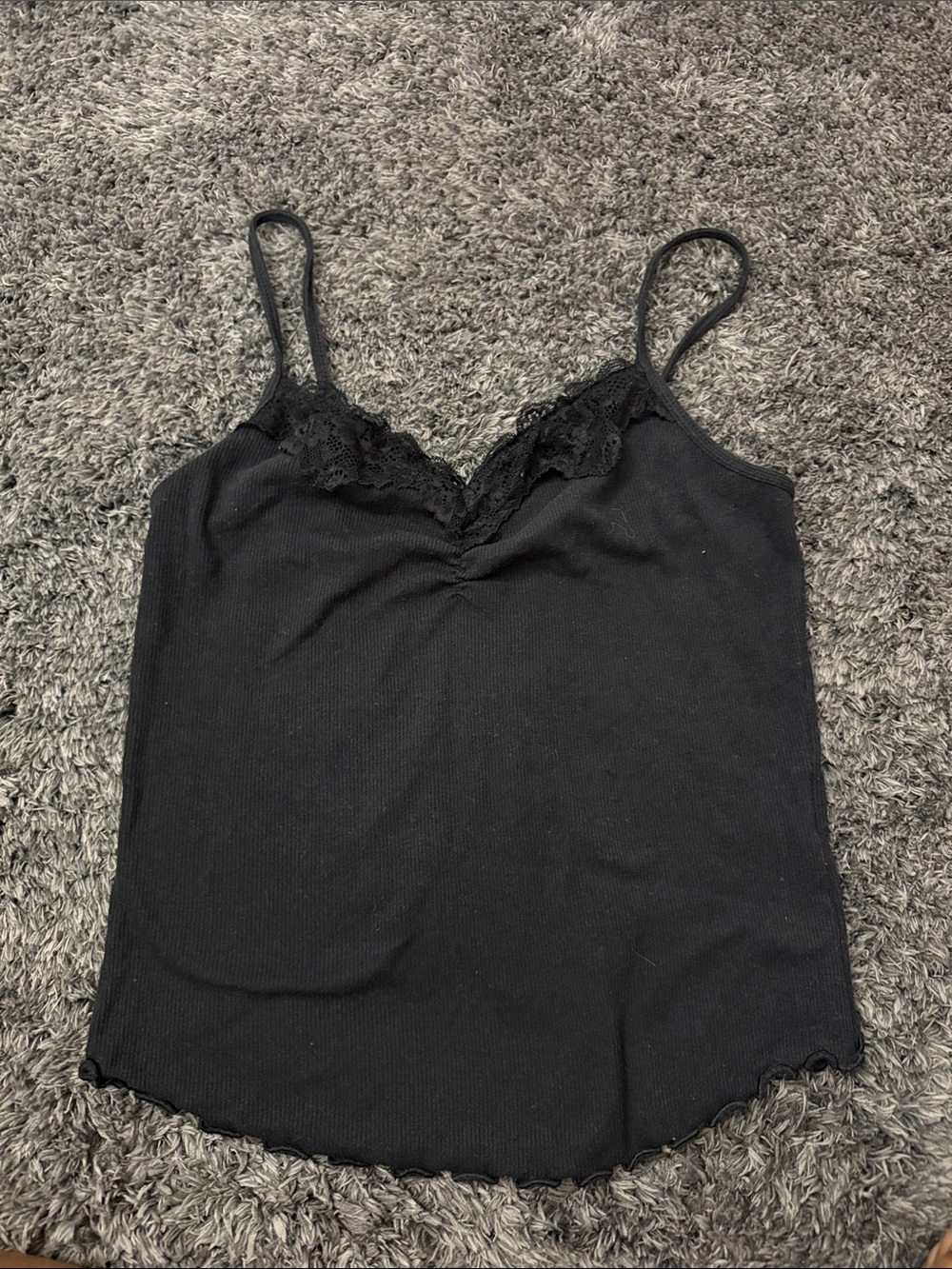 American Eagle Black Ribbed Cami with Lace Trim